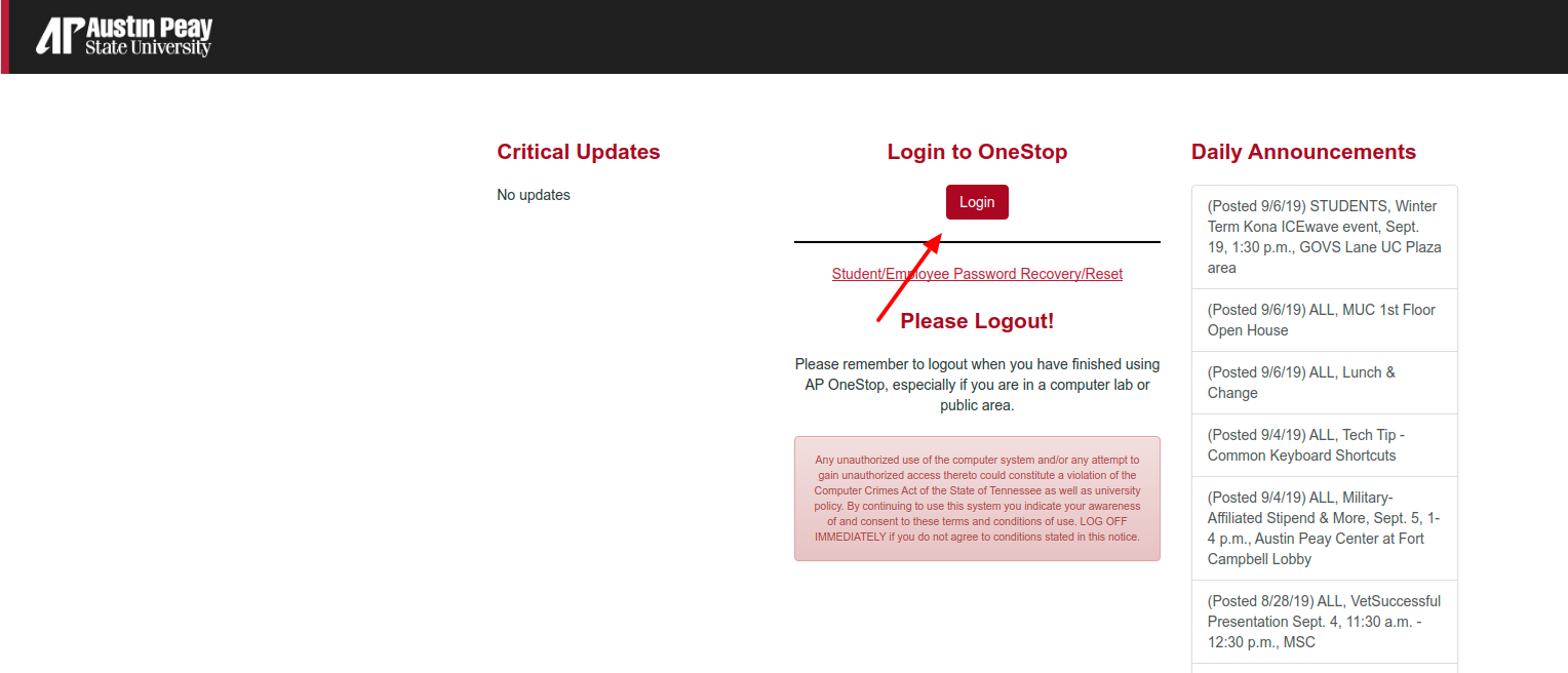 OneStop Austin Peay State University Login