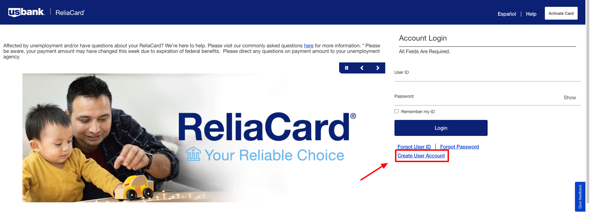 usbank reliacard create account