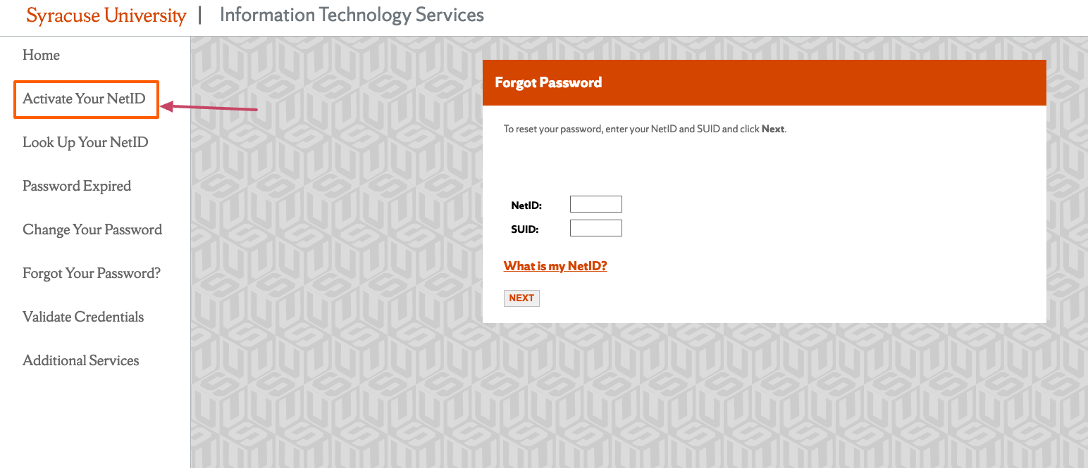 Syracuse University MySlice Activate NetID page